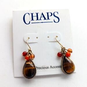 Chaps Semi Precious Tigers Eye Stone Beaded Boho Dangle Hook Earrings NWT
